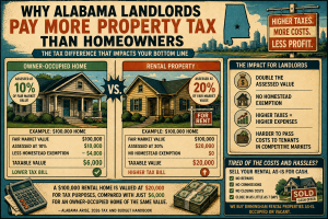 Alabama property tax: rental homes assessed at 20% vs 10% for owner-occupied - a $100,000 rental is taxed on $20,000 vs $6,000