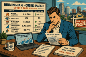 Birmingham housing market Spring 2026 update: median sale price $191,000, 55 days on market, 5.7 months of inventory